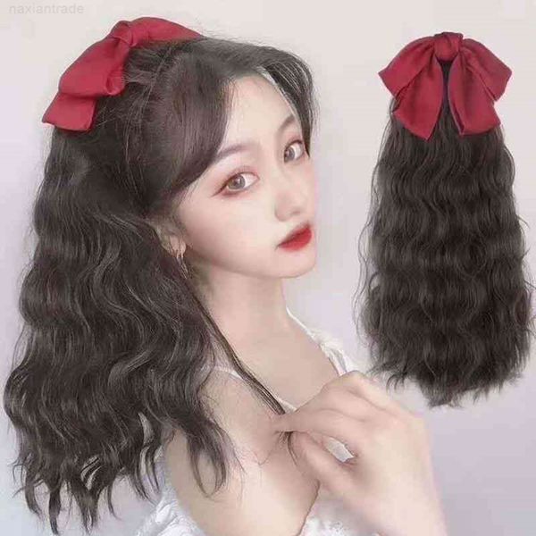 

new bowknot horsetail bandage long curly net red bow wig, Black