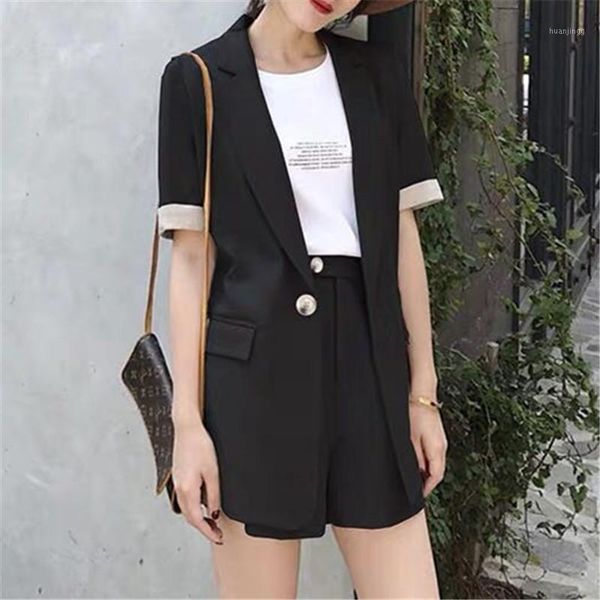 

women black two piece set and shorts button korean style casual office ladies blazer suit summer outfits ropa de mujer 20201, Gray