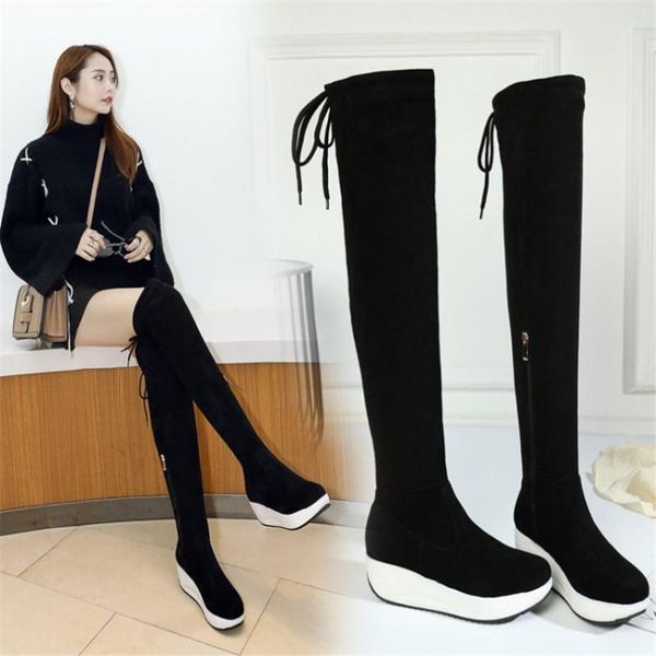 

boots thigh high women black faux suede over the knee riding booties med heel tall shaft punk sneakers stretch creepers