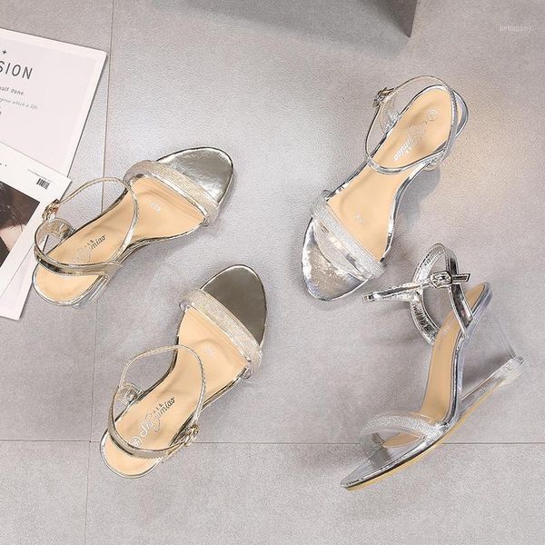 

2021 summer women fetish high heels all-match sandals rhinestone transparent wedges sandals big size round toe female shoes1, Black