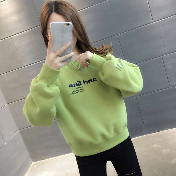 

avocado green short plush sweater women's new autumn winter european loose and thickened jacket, Black