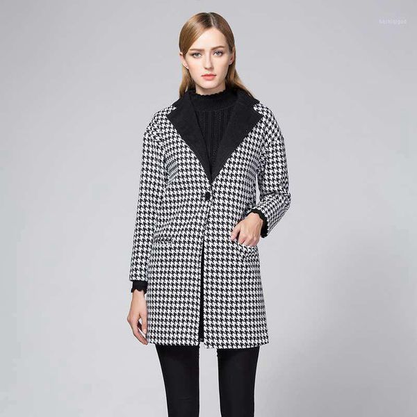

new product women's overcoat lapel plaid long-sleeved mid-length outwear autumn winter slim woolen feminine one buckle coat f1961, Black