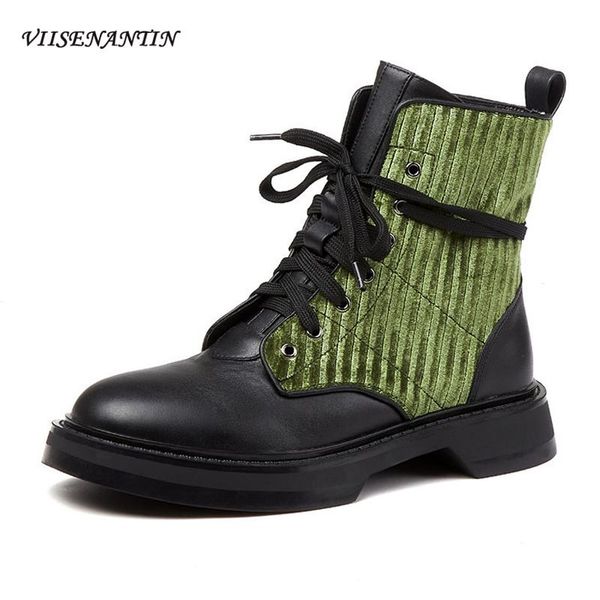 

fashion women's leather stitching velvet retro lace-up motorcycle boots round toe flat bottom all-match ankle boots botas mujer, Black