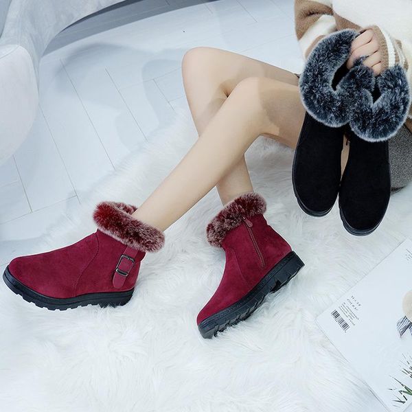 

2020 new winter women's flat heel snow boots warm non-slip women's boots buckle side zipper shoes zapatos para mujer, Black