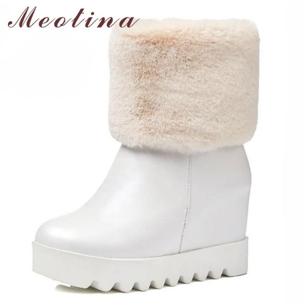 

meotina snow boots теленок mid boots платформа зима женщины плюшевые клин высокой пятки меховые теплые обувь красный белый большой размер 42, Black