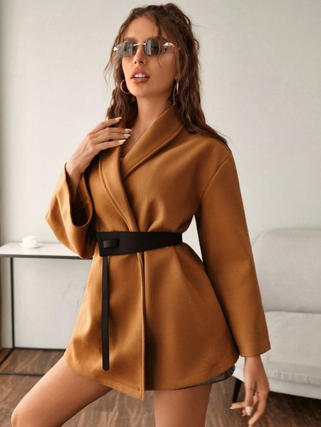 

solid drop shoulder flounce sleeve overcoat t6wk#, Black
