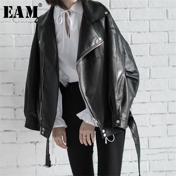 

[eam] 2020 spring black pu leather loose turn-down collar zipper fashion new women's wild jacket lj200824, Black;brown