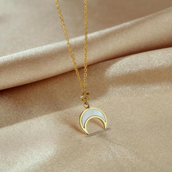 

gold crescent necklace, tiny sheel moon and star pendant necklace in stainless steel, Silver