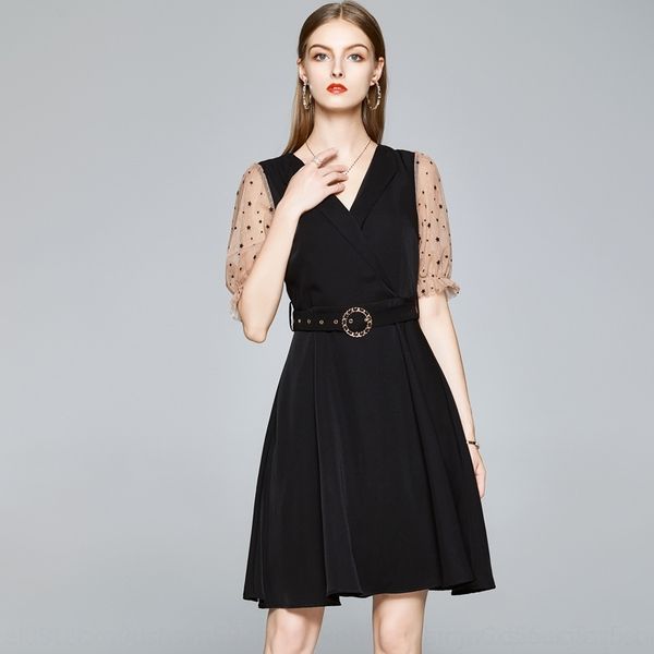 

9bjzy new aline 2020 new a short sleeve a-line skirt v-neck dress foreign dressaline dressstyle 2020 foreign style mesh splicing short sleev, Black;gray