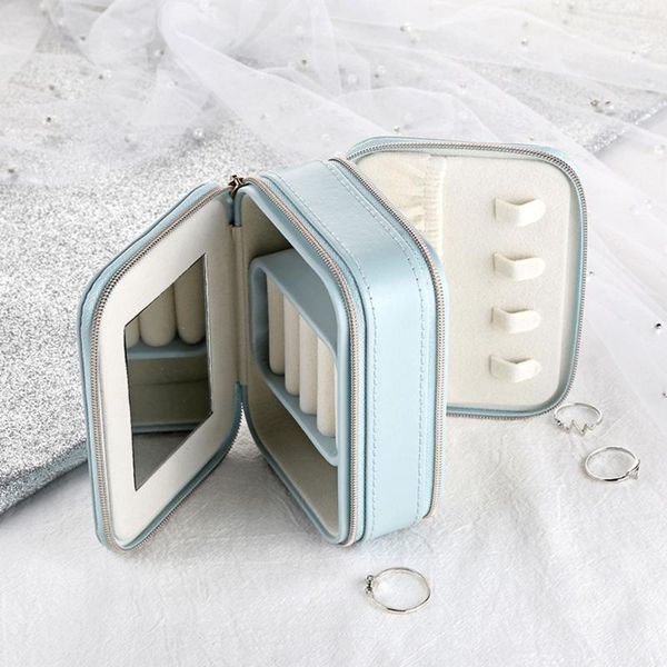

jewelry organizer display travel zipper leather stylish simple girl earrings plate protable ring multi-function storage box, Pink;blue