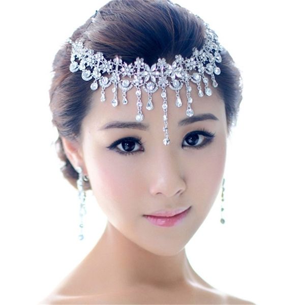 

korean bridal headdress crown three piece forehead necklace jewelry set wedding dress toastmasters accessories, Silver