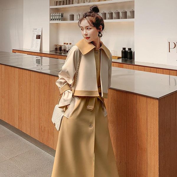 

windbreaker women's 2021 autumn new fashion stitching fake two-piece jacket single-breasted lapel temperament coat, Tan;black