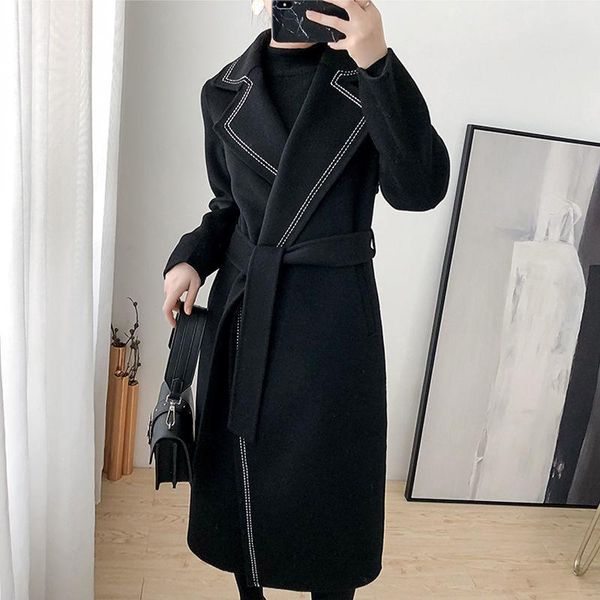 

2021 new winter women hepburn sashes woolen coat female outwear double-faced cashmere lady silm long section overcoats h7, Black