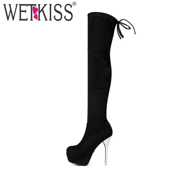 

boots wetkiss high heels flock woman long boot ladies stiletto over the knee fashion platform stretch female shoes autumn women, Black