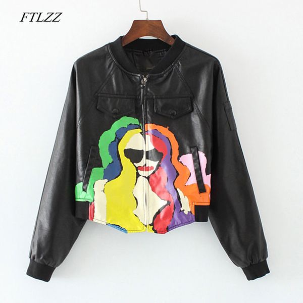 

ftlzz new autumn women pu leather jacket print zippers pockets black color short coat female faux leather jackets 201030