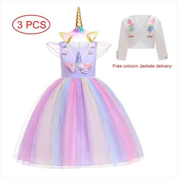 

children unicorn dress jacket set girl rainbow mesh princess dresses kids festival performance clothing for girl birthday party, Red;yellow