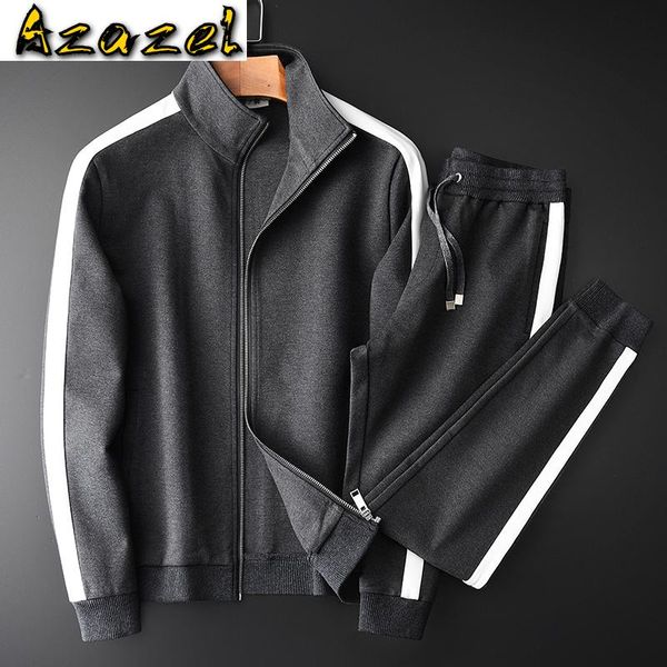 

azazel autumn mens sets 2 piece luxury stand collar male sweatshirts plus size 4xl elastic waist slim fit man pants, Gray