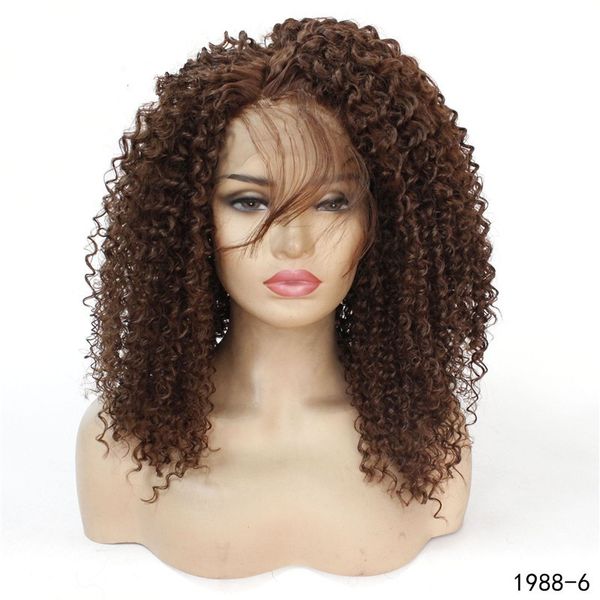 Kinky Curly Sintetic Lacefront Wig Natural Color Simulação Cabelo Humano Perucas dianteiras para as mulheres 1988-6