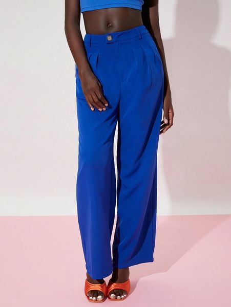 

solid plicated straight leg pants 87ui#, Black;white