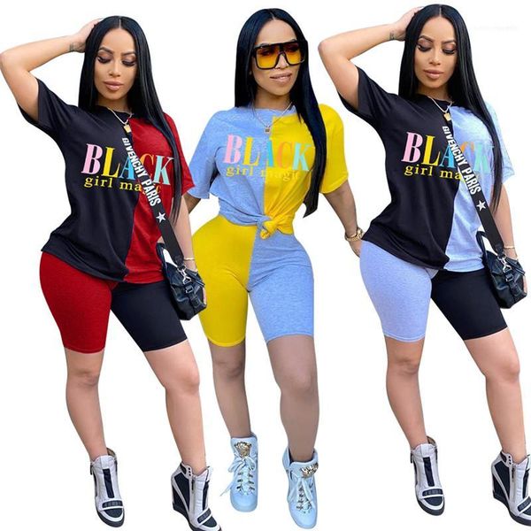 

two piece shorts contrast color panelled short sleeve above knee length shorts sets women summer tracksuits letter printed, Gray