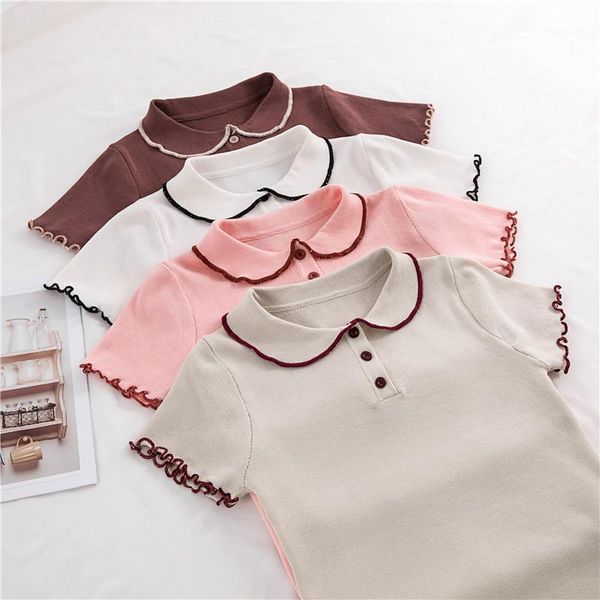 

spring summer knitted womens t-shirts fashion short sleeve ruffles solid color woman t-shirts slim fit thin casual lady1, White