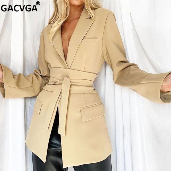 

gacvga 2021 new fashion belted women blazer and jacket spring autumn casual long sleeve work suit office lady black slim coat, White;black