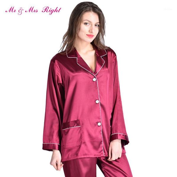 

women's sleepwear wholesale- mr & mrs right satin pajamas set robe fashion sleeping wear female nightgown silk long size v-neck valenti, Black;red