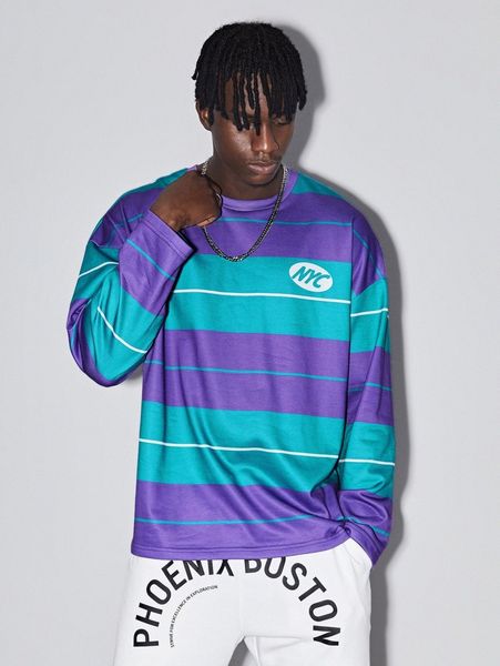 

men letter graphic colorblock drop shoulder pullover t721#, Black