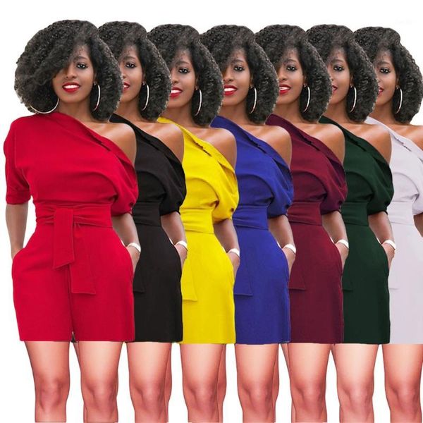 

one shoulder lady bodycon overalls short sleeve lace up shorts romper for office lady female casual summer bodysuit fashion 20191, Black;white