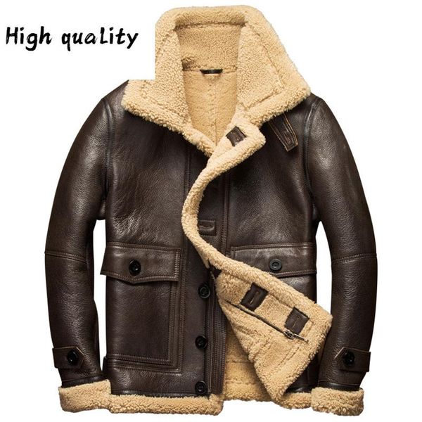

leather genuine winter men warm natural fur coat sheepskin motorcycle flight jacket outerwear 8108-1, Black
