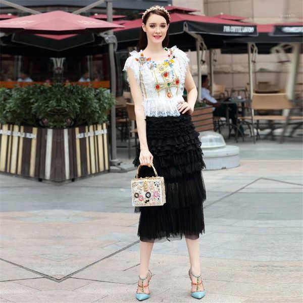 

2018 euramerican spring summer new fashion exquisite diamond beading polyester high street pullover o-neck 2 pieces skirt set1, White