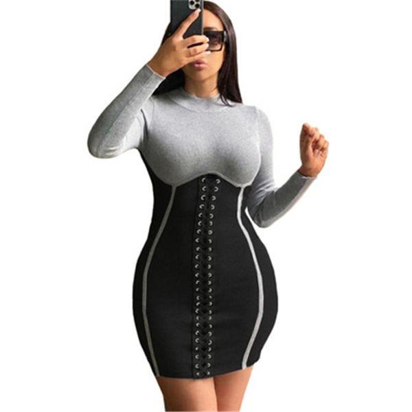 

women bandage dress clothing fashion trend long sleeve stand-up collar short skirt female spring new high waist casual slim dress, Black;gray