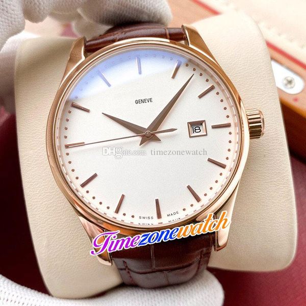 40mm Data Calatrava 5227R-001 5227 Asiático 2813 Mens Automático Assista Branco Dial Rose Gold Case Stick Markers Brown Leather Strap Gents Watches TimeZoneWatch E194 (3)