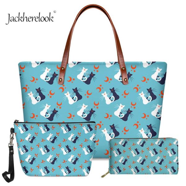 

jackherelook cute cats printing handle daily casual bolsa mujer femme large capacity 3pcs fashionable zipper handbag set bag