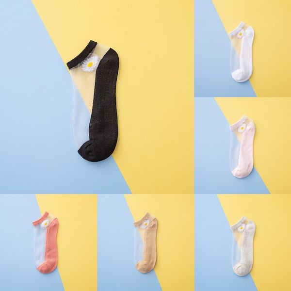 

children summer thin glass silk silk boat socks stockings korean version of small daisy crystal stockings shallow mouth lovely transparent, Black