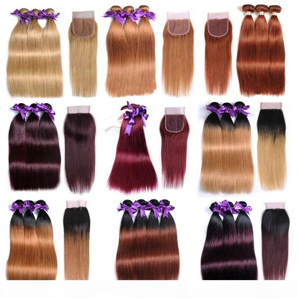 

quality ombre human hair bundles with closure straight hair color t1b 27 30 33 99j bug burgundy red color closure with 3 bundles, Black;brown