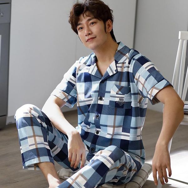 

men's sleepwear blue plaid home service summer korean style fresh cardigan short-sleeved trousers pajamas uomo pyjama homme fashion, Black;brown