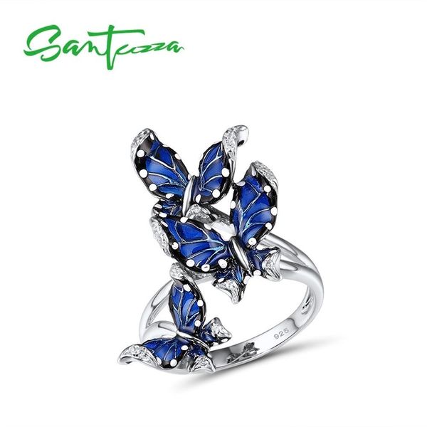 

santuzza for women genuine 925 sterling silver blue butterfly rings trendy gift party fine jewelry handmade enamel y200918, Slivery;golden