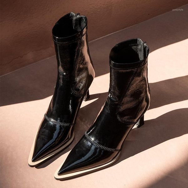 

boots fashion women leather mid-boots stiletto high heels zipper heel ladies pointed botas feminina sapato feminino1, Black