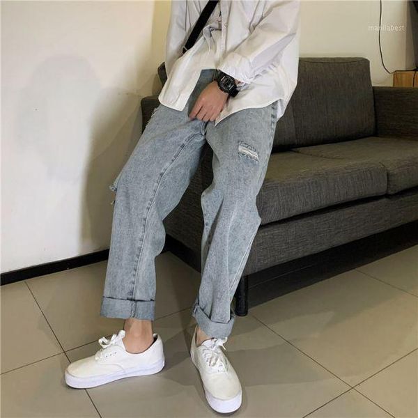 

summer straight jeans men's fashion washed retro ripped jeans pants men street wild loose hip hop denim trousers mens -3xl1, Blue