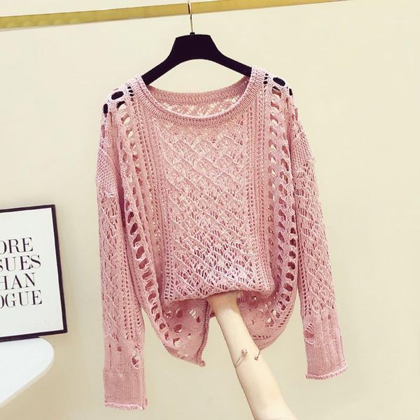 

2020 autumn new fashion loose hollow out thin knitted sweater korean casual long sleeve curling sweaters for women knitwear 1, White;black