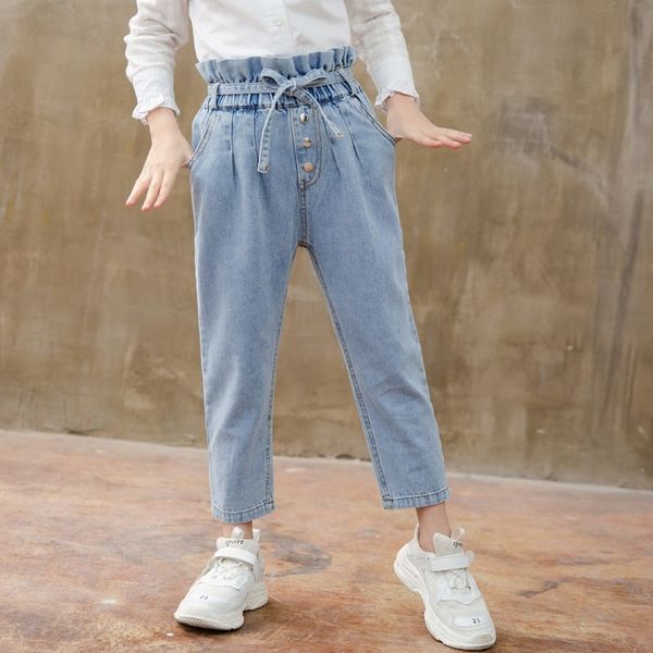 

korean baby girls jeans pants flower high waist toddler girl jeans with belt for kids girls casual denim trousers for 4- 13 year y200409, Blue
