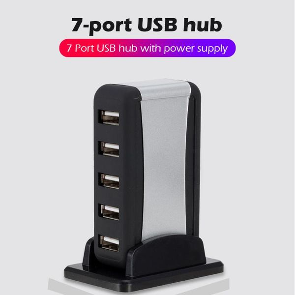 

eu/us plug vertical usb hub multi 7 ports usb 2.0 splitter with power adapter 480 mbps 2.0 hub for pc computer accessories