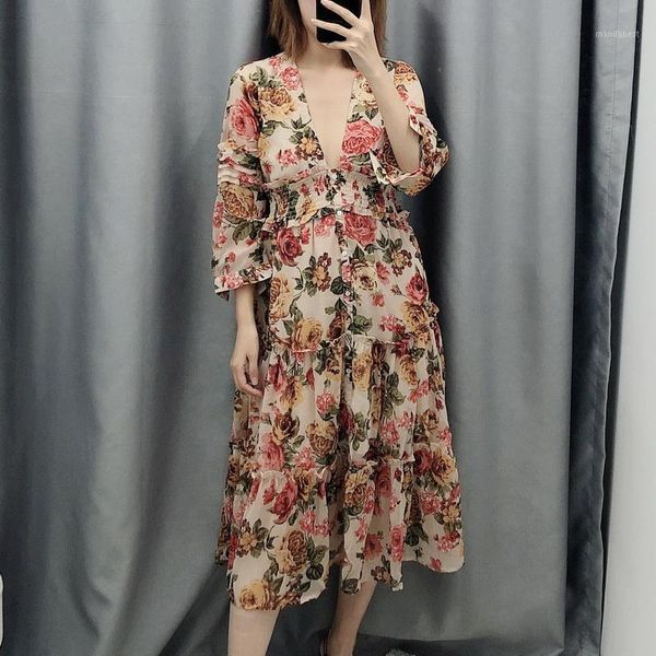 

women summer dress 2020 new fashion three quarter sleeve mid-calf modern lady floral prints chiffon dresses1, Black;gray
