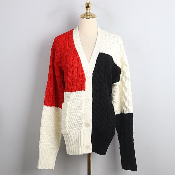 

vintage women fashion oversize knit sweater coat christmas winter striped sleeves color patchwork v-neck loose cardigan 2020 new, White