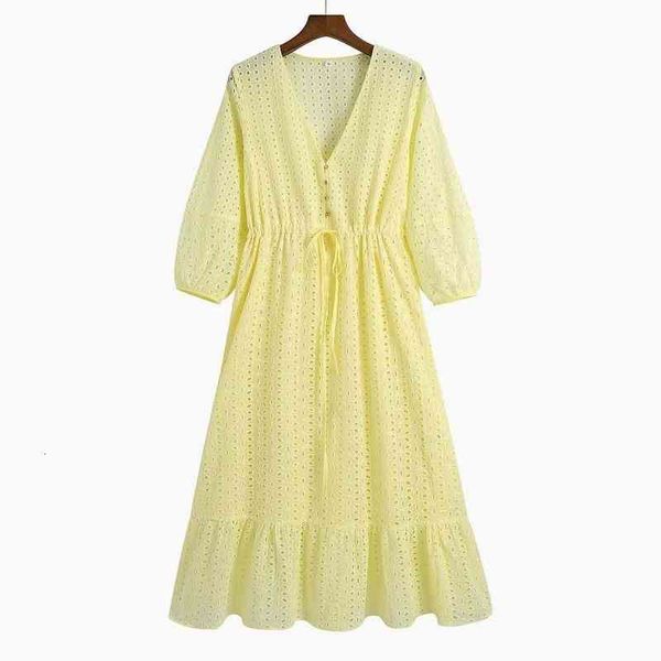 

summer women solid v-neck dress 3 4 sleeve buttons bow tie slim casual female elegant party hollow out a-line dresses, Black;gray