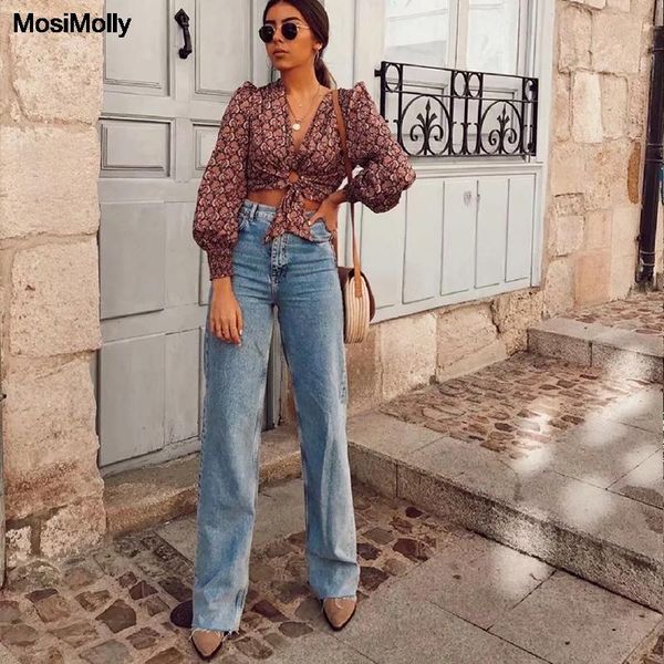 

mosimolly washed denim jeans pants women streetwear wide leg floor length jeans long pants femable bottom 2020 trendy, Blue