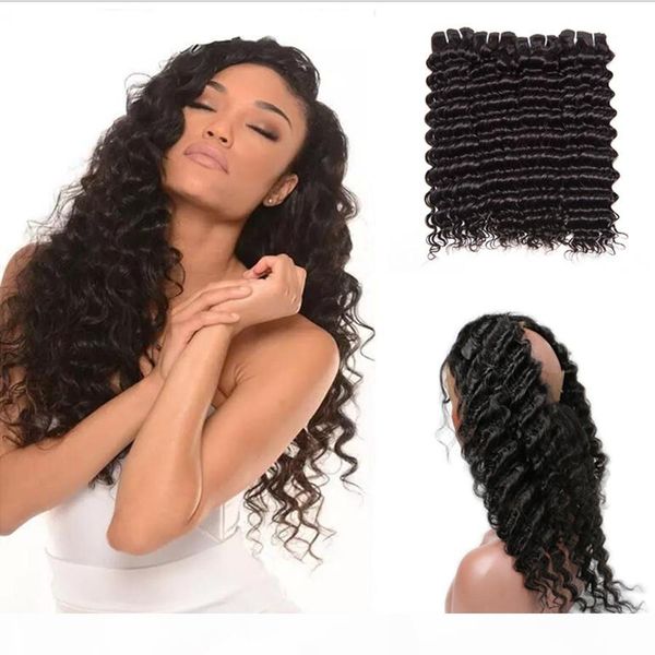 

wholesale 3bundles with 360 lace band frontal bleached knots deep wave 3pcs lot brazilian hair deep curly human hair products shipping free, Black;brown