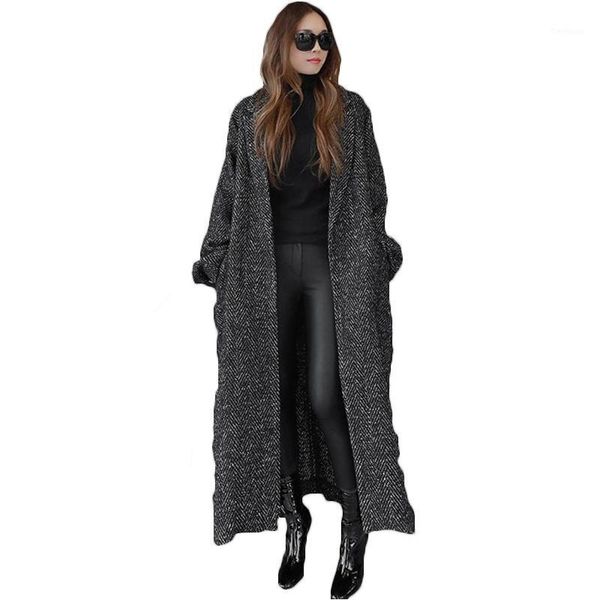 

2021 new korean autumn winter long woolen coat women herringbone pattern loose large size lace wool coats female overcoats 130b1, Black
