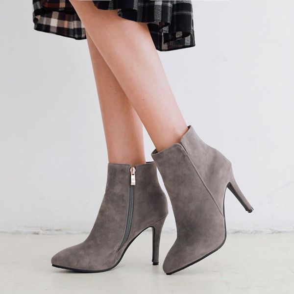 

big size 11 12 13 14 15 16 boots tip side zipper high-heeled suede short-heeled short barrel and ankle boots1, Black